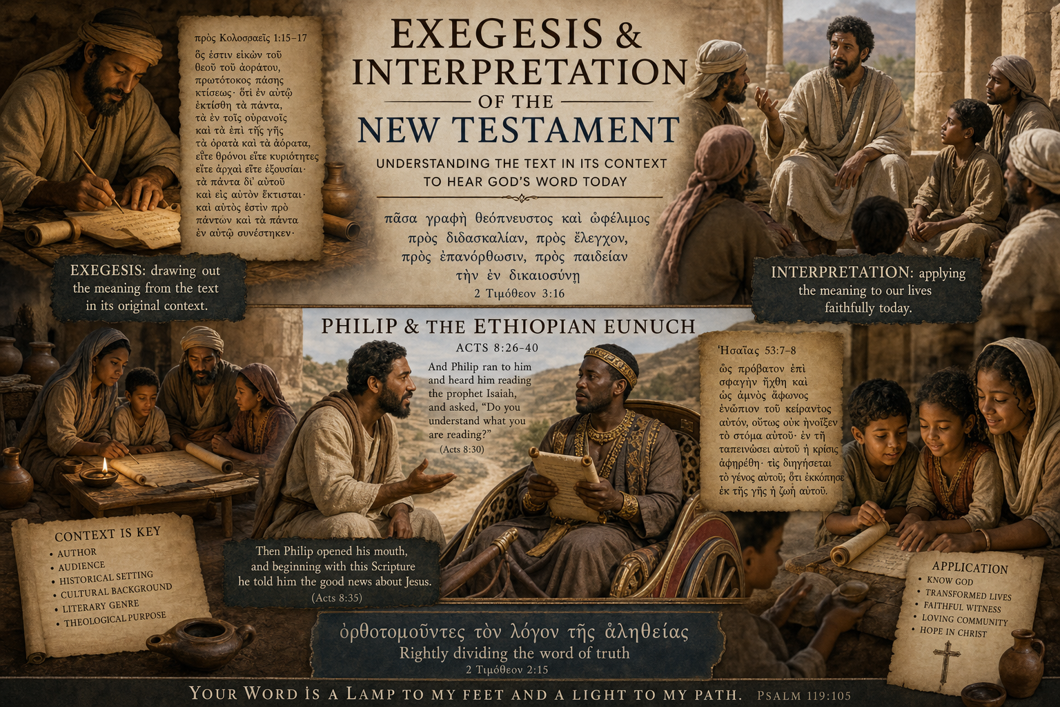 an infographic with visual and textual explainers giving examples of how to exegete and interpret the New Testament