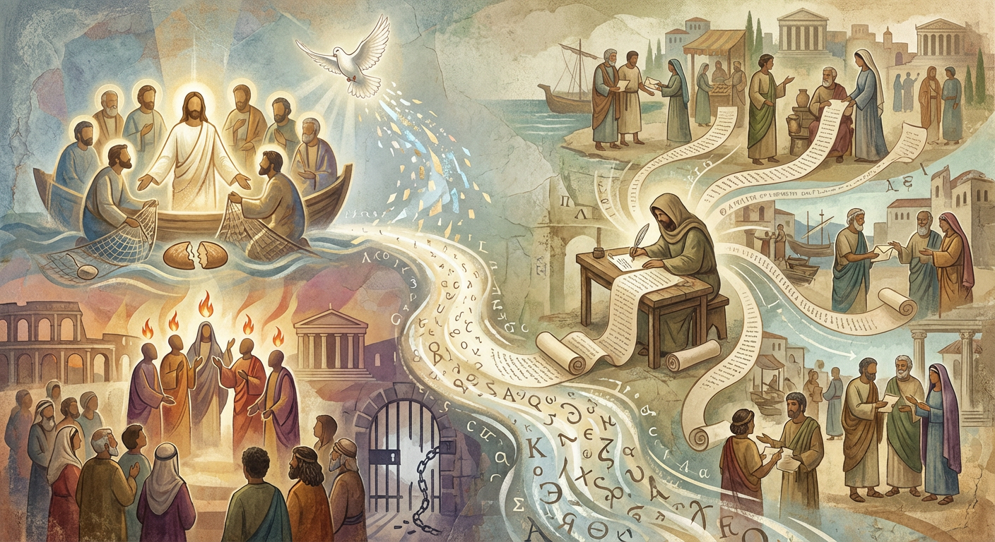 A montage of New Testament images, Jesus, Paul, early churches, writing, etc.